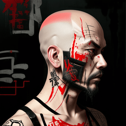AI generated: head shaved man, beautiful details, black and red color tones, wabi-sabi art,  abstract , punk colla...