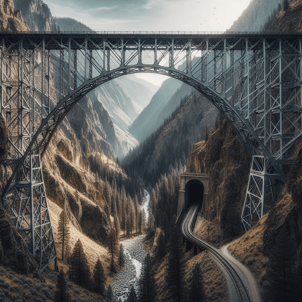 AI generated: Steel railway bridge spans Hells Canyon, leading into a mountain tunnel. The rugged landscape frames...