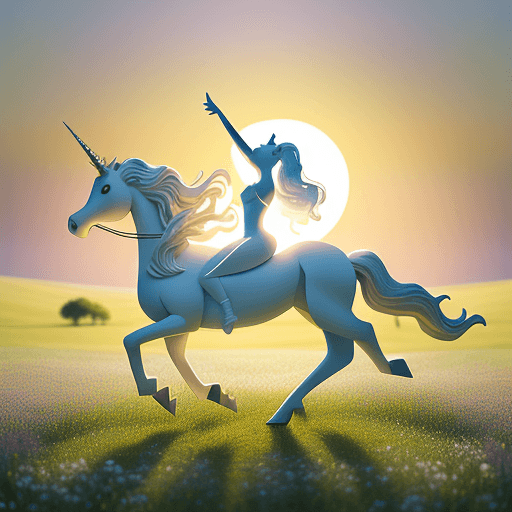 AI generated: A graceful ballerina riding a graceful unicorn, in a blooming meadow, towards the setting sun, paper...