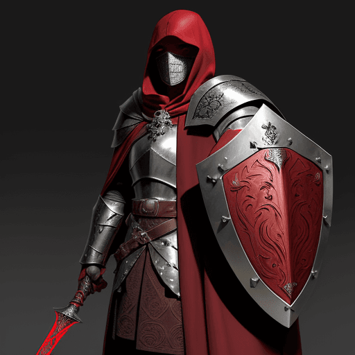 AI generated:  man cleric from the Middle Ages, with face covered by shade of dark-red hood, in scaled armour and ...