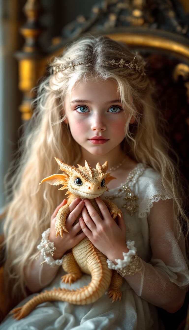 AI generated: a professional photo of a exceptionally of the most beautiful girl (age 7) in the world, princess lo...