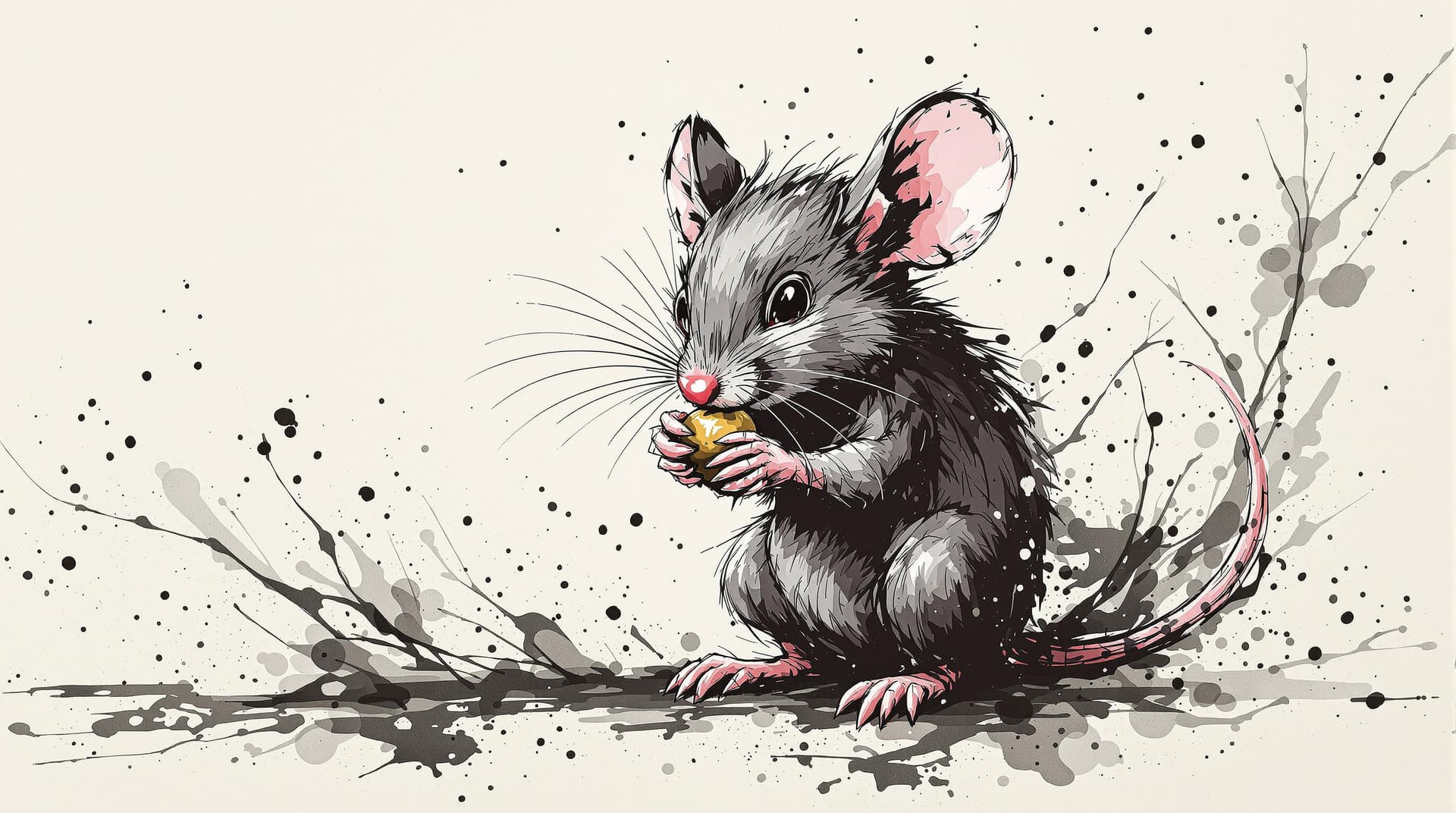AI generated: cute Mouse with straight face grabing something, detailed,ink style,Ink splash art on the background...