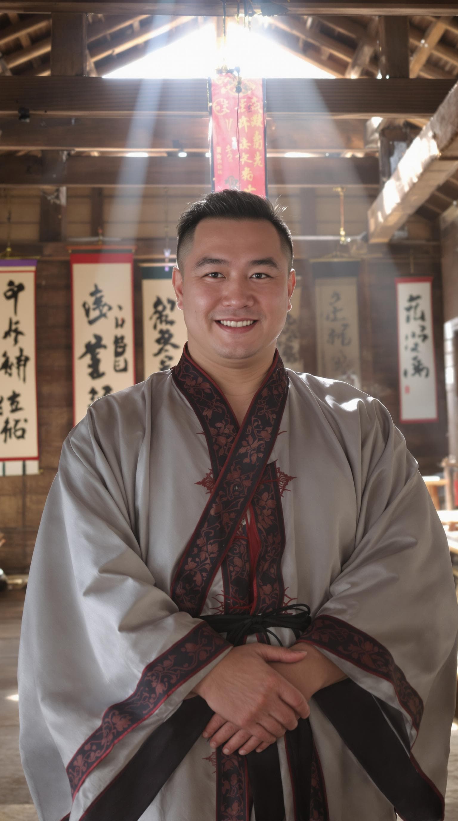 AI generated: A hyper-realistic image of a Chinese man in his early 30s; stocky and muscular with a warm, friendly...