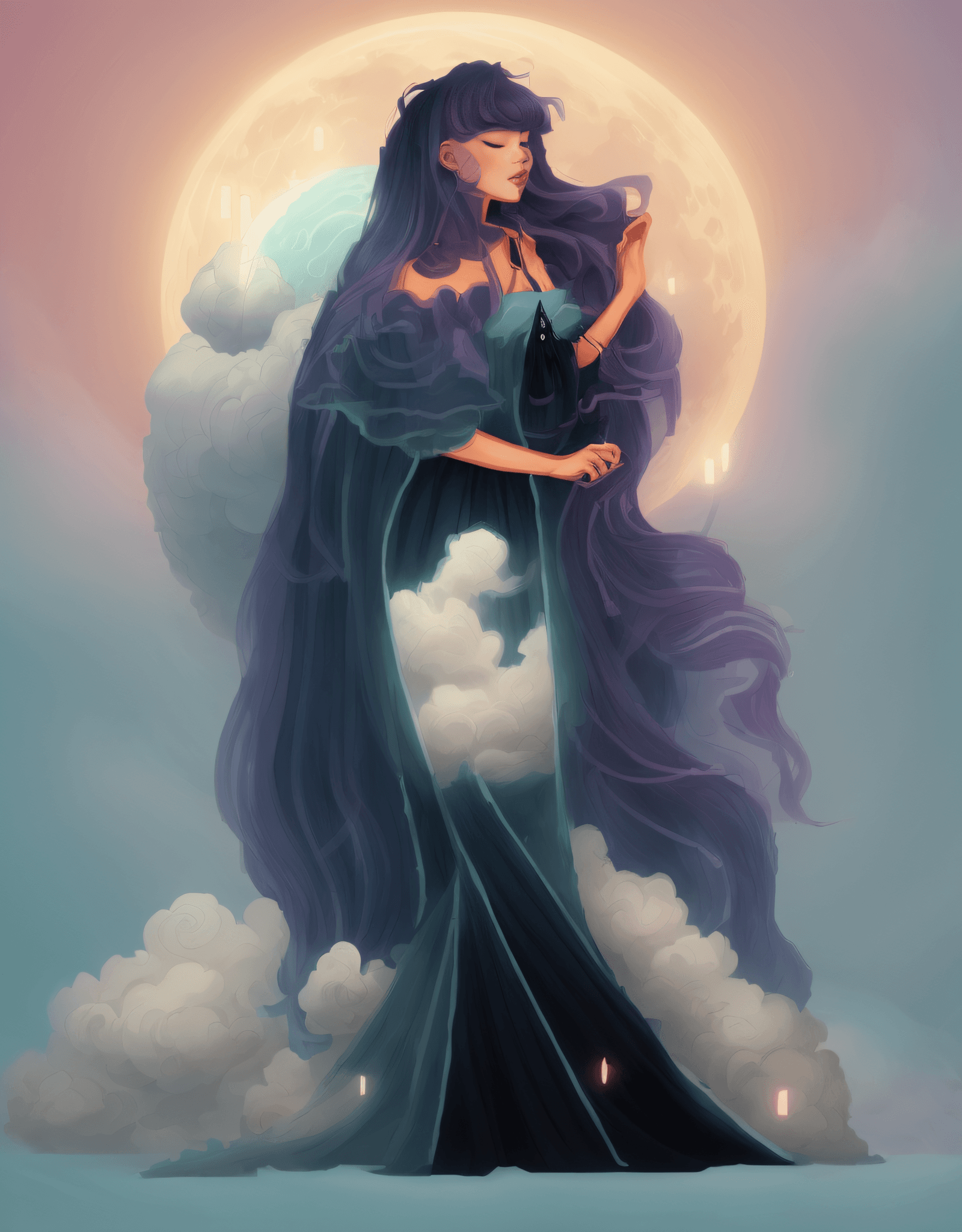 AI generated: a cartoon illustration of a woman with long hair standing on a moon, cloud goddess, moon goddess, lu...