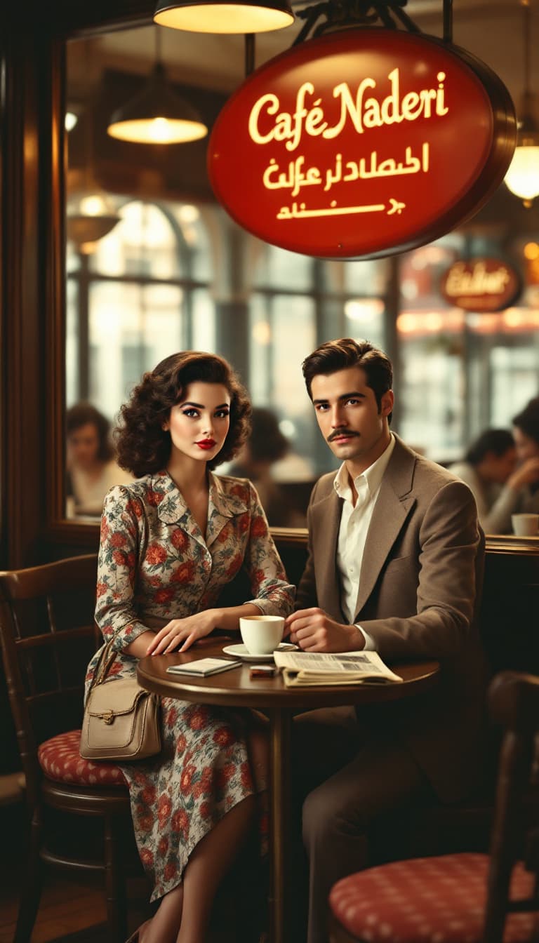 AI generated: **Prompt:**

"A scene from the 1950s in Café Naderi, Tehran, where a young couple is sitting at a sm...