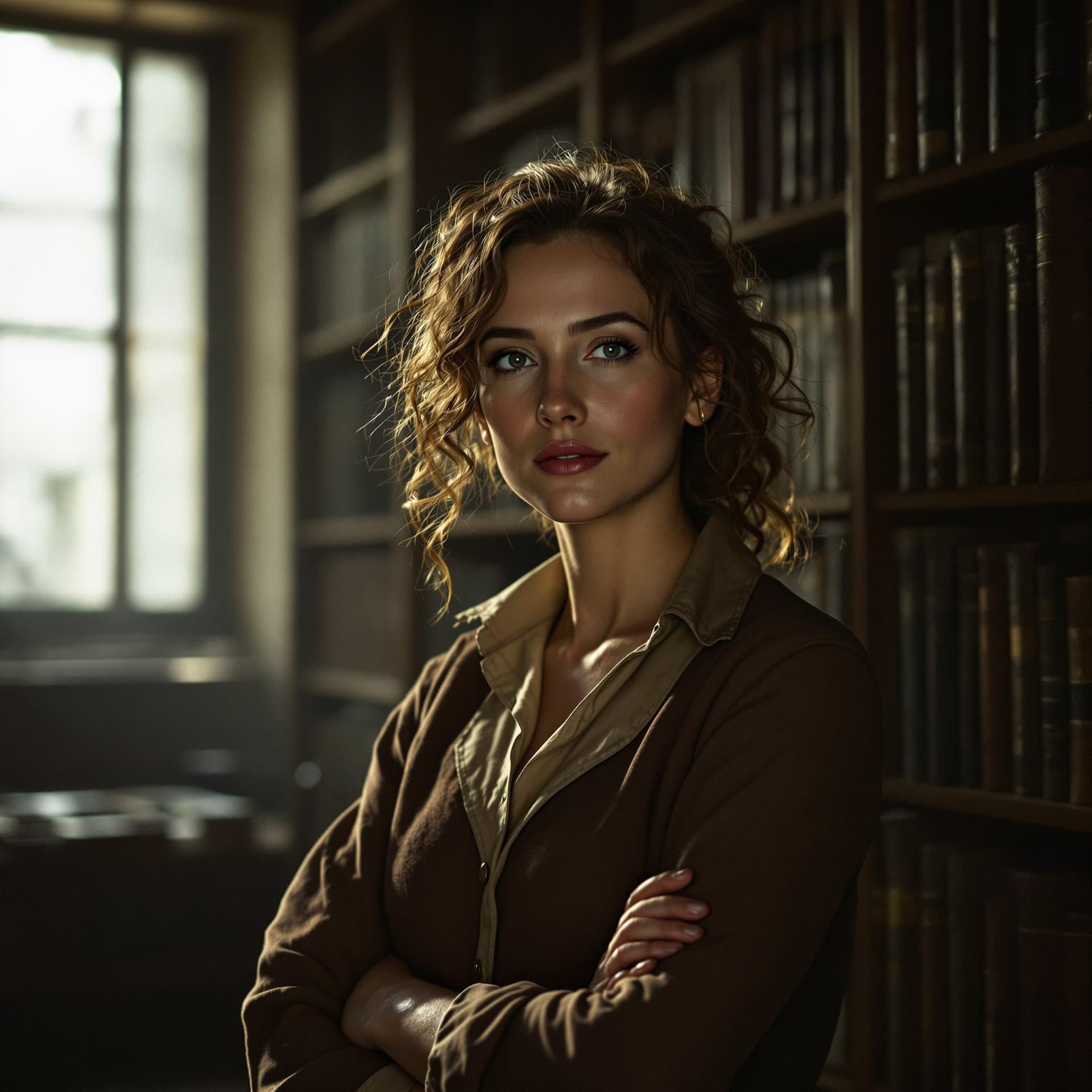 AI generated: Distinguished 45-year-old female literature teacher standing confidently in a dimly lit university l...