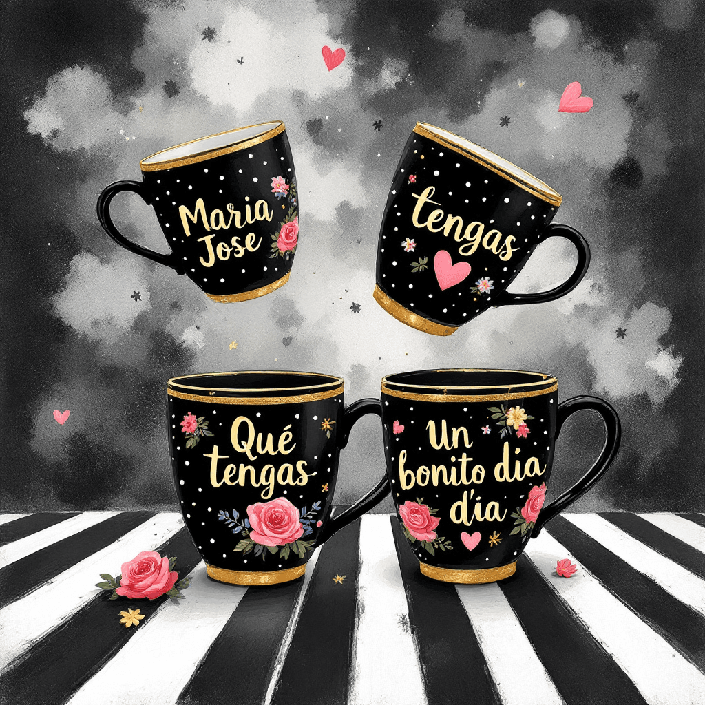 AI generated: A whimsical and enchanting illustration featuring four gold-rimmed black polka dot felt mugs, each d...