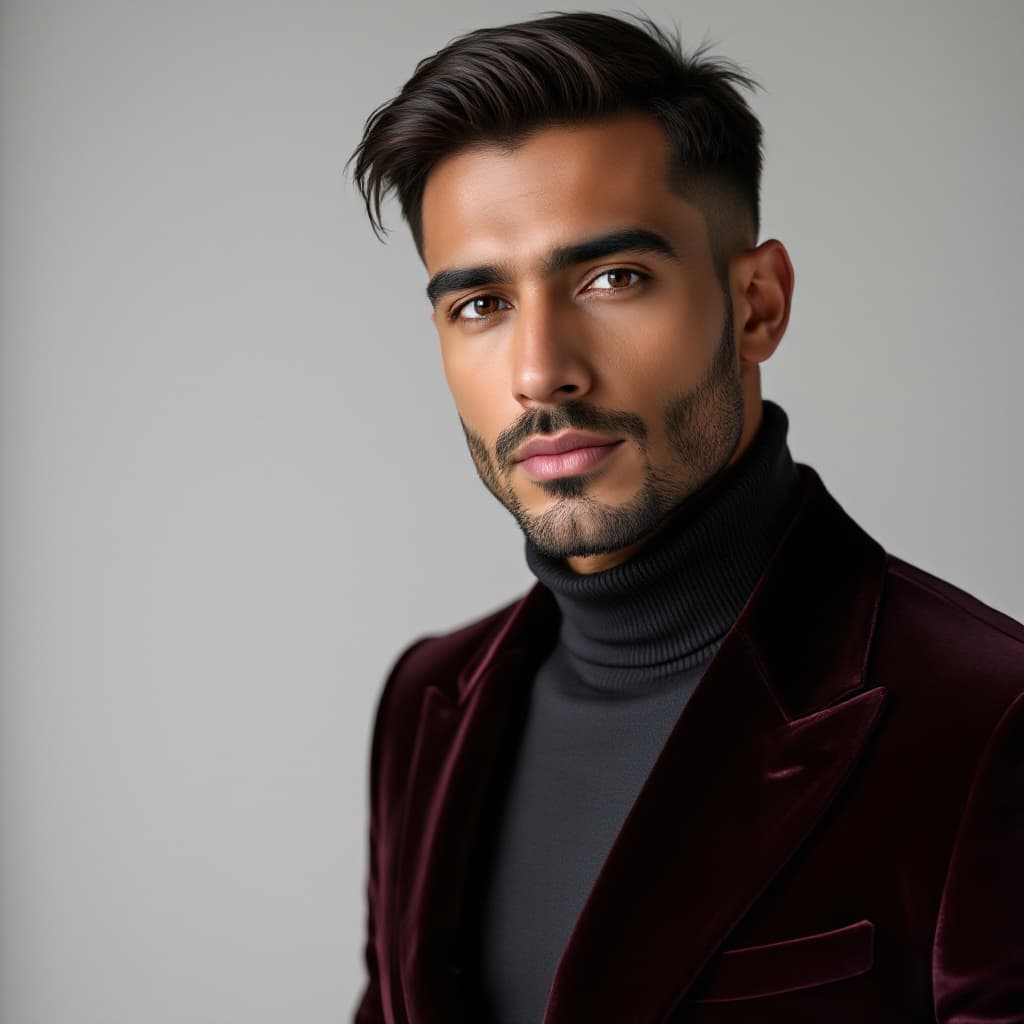 AI generated: Studio photo of a 29-year-old South Asian man, light brown skin, short brushed-up hair, subtle stubb...