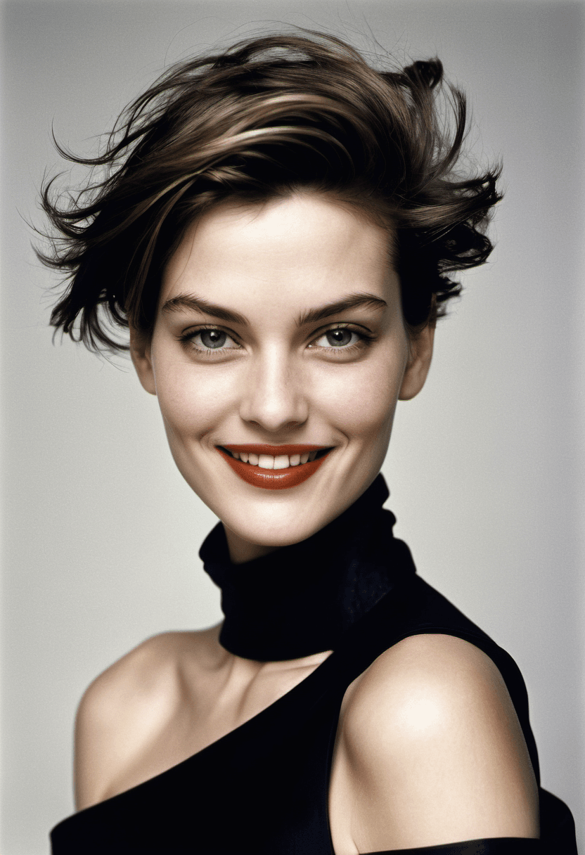 AI generated: A close-up portrait of a beautiful woman, smiling, asymmetrical cut hair style, natural skin, glamor...