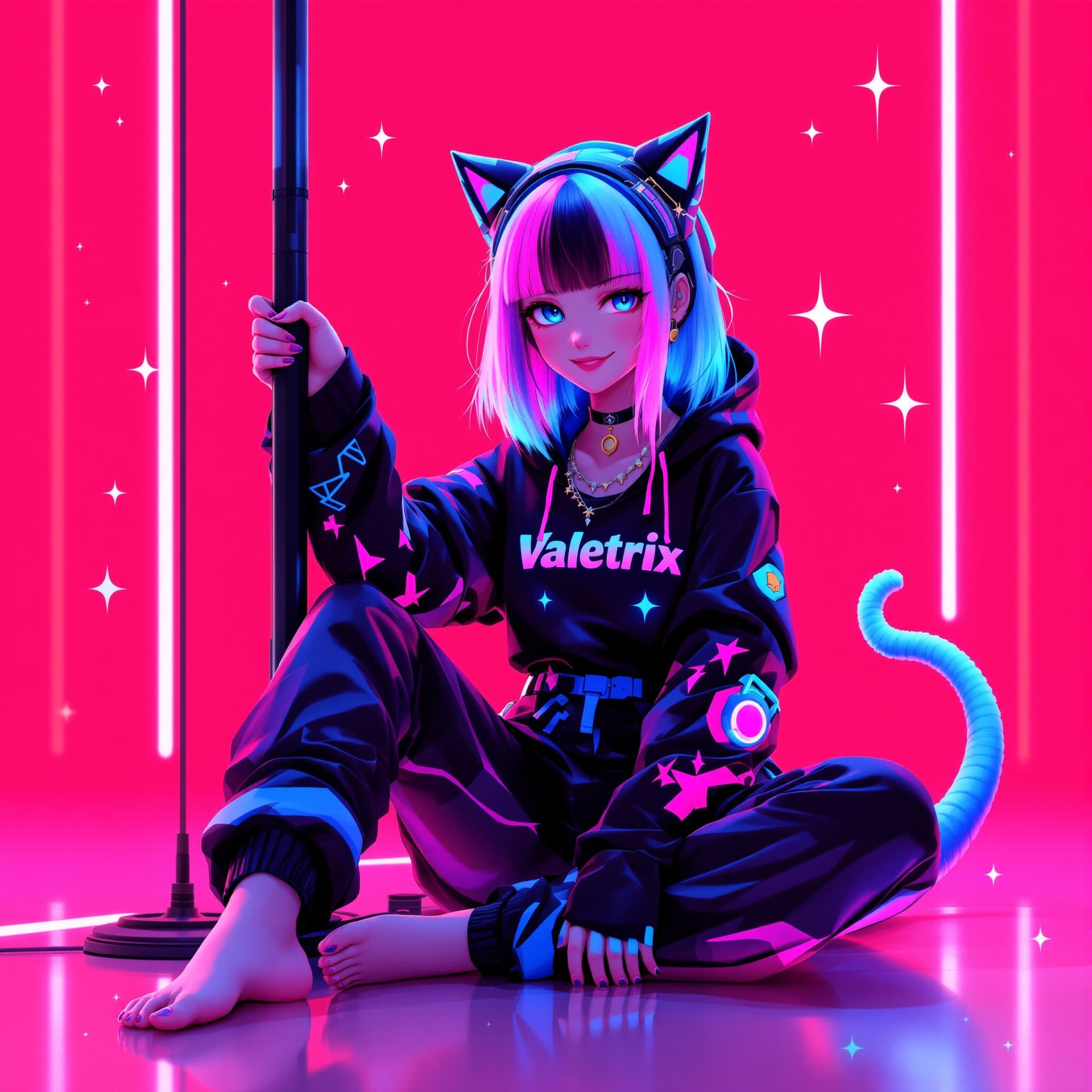AI generated: A digital character with a cyberpunk and kawaii aesthetic, dressed in a black jumpsuit with neon blu...