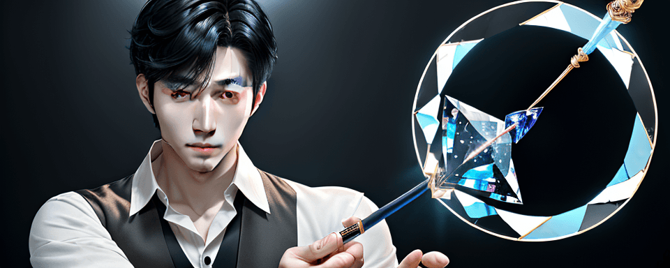 AI generated: beautiful Korean man, with black short hair and brown eyes, white shirt, hold Magic wand, crystal wa...