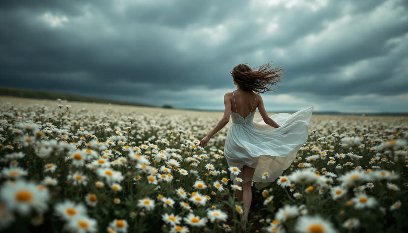AI generated:  field of daisy flowers, he soft petals of daisies surround, creating a contrast with the darkened s...