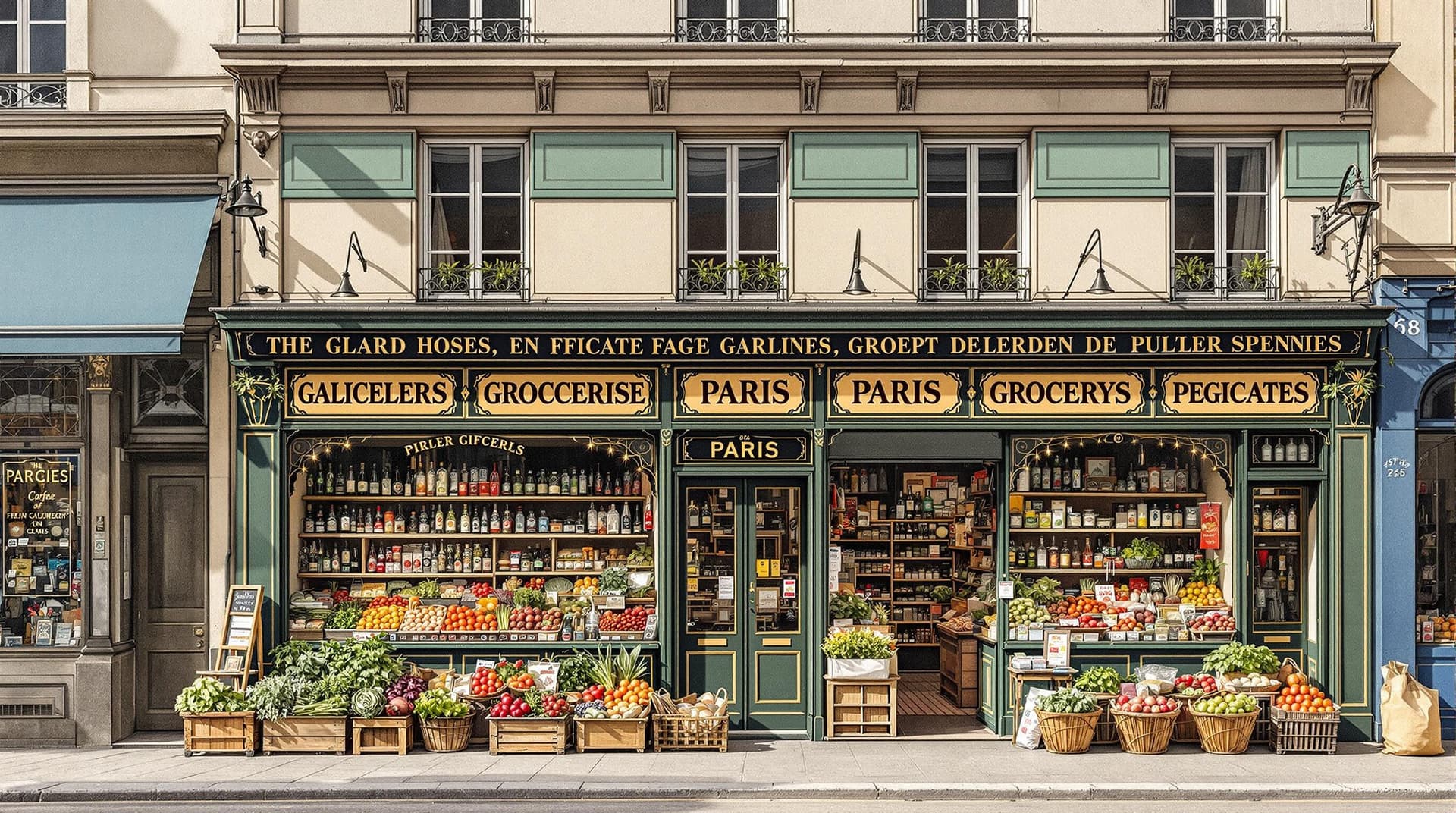 AI generated: Paris 1880, hyperrealistic illustration in vibrant colours, a facade of a grocery, displays of veget...