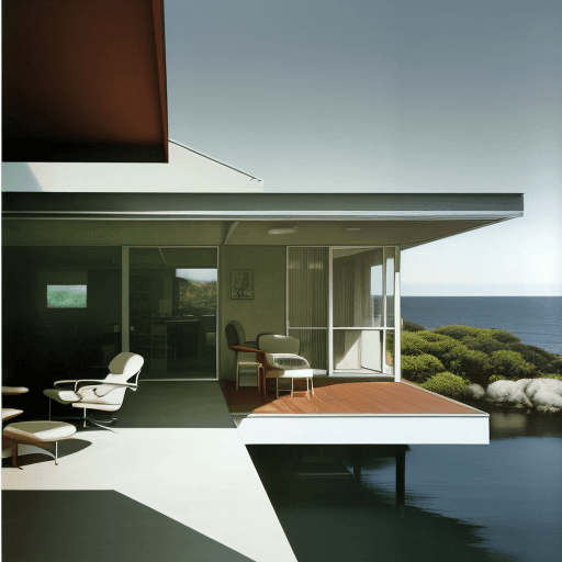 AI generated: Hyper realistic eye level exterior photo of a mid century modern style house overlooking the ocean, ...