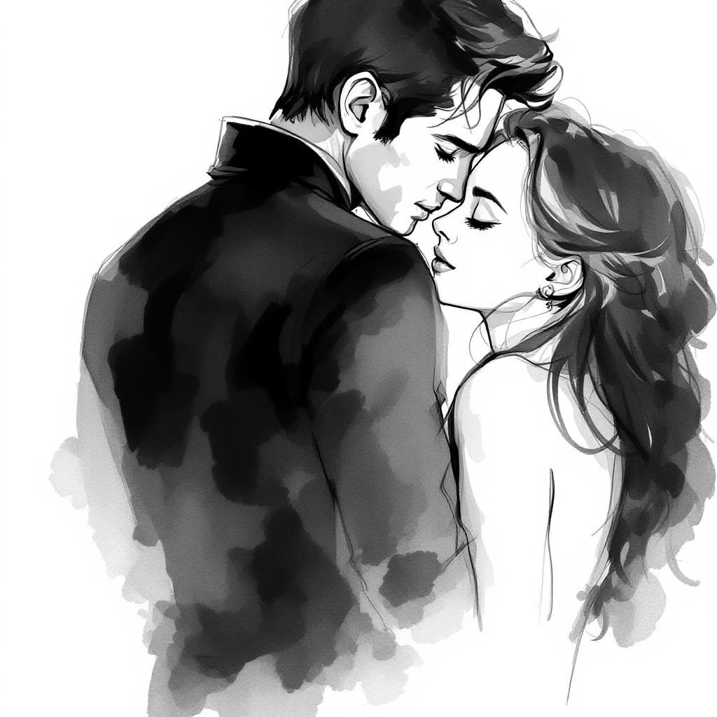 AI generated: A monochromatic watercolor painting of two figures, presumably a man and a woman, in an intimate pos...