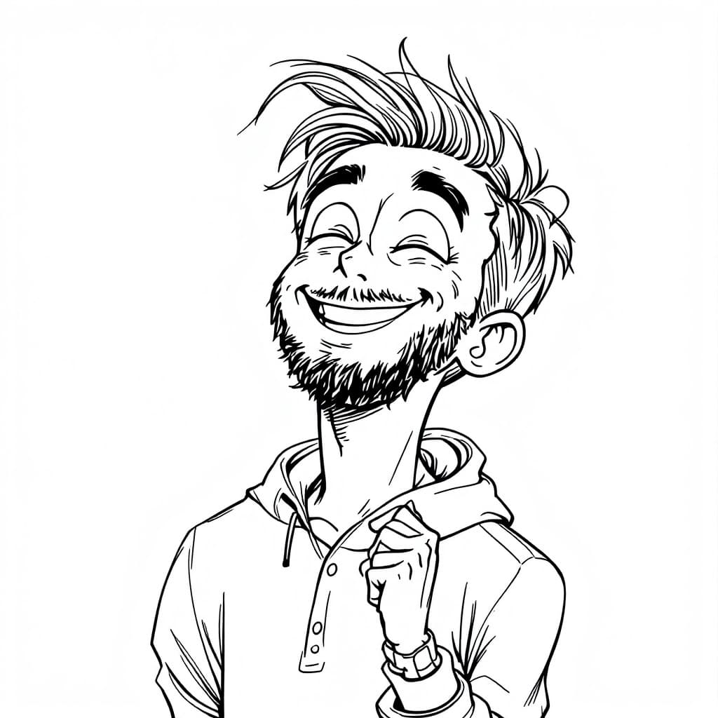 AI generated: Black and White Fine Line Drawing Cartoon Character Young Man Laughing Uncontrollably Pixar and Artg...