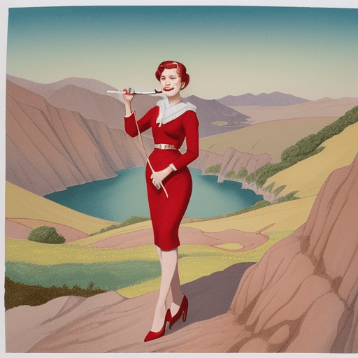 AI generated: Pen and ink, illustrated by Hergé, background landscape. pregment woman red and white stick in hand,...