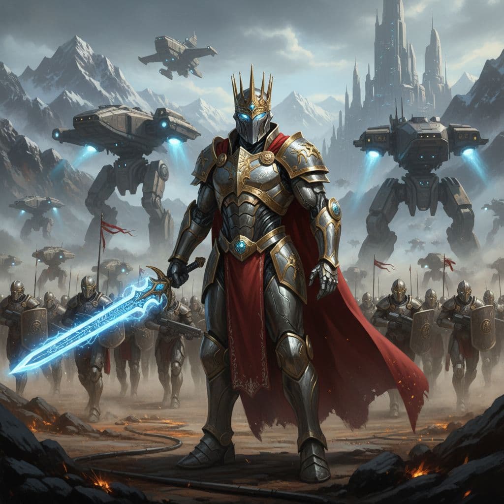 AI generated: Masterpiece photoshoot of a soldier of the future in royal armor, cyber technology, at the head of t...