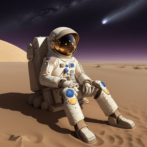 AI generated: fine detailed pointillism painting + low-angle view, A lone astronaut sits in the sand amidst the de...