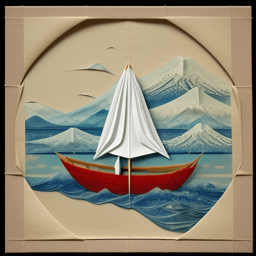 AI generated: japanese fisher boat as Origami, paper quilting, background  coast painted on rice-paper in classic ...
