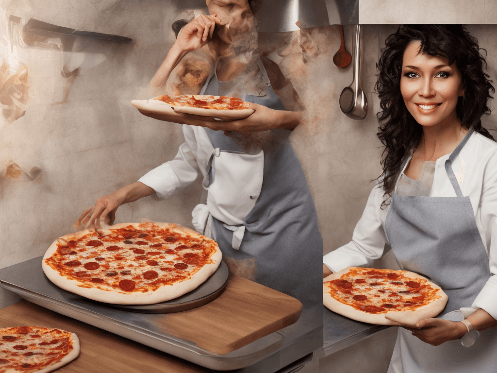 AI generated: Realistic portrait of a 44 year old woman with dark hair and light skin making pizza at home in the ...