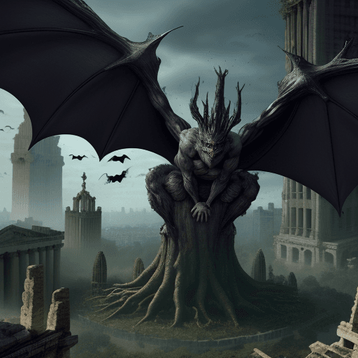 AI generated: A elderich monster with a tree trunk as legs and giant bat wings floating above a city, roots poppin...