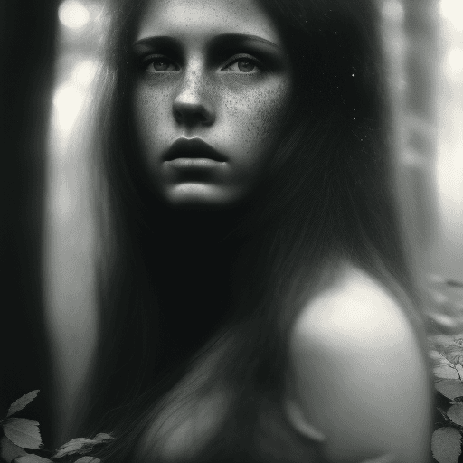 AI generated: stunning alluring medium length portrait of a gorgeous girl in a mysterious forest, sparking eyes, f...