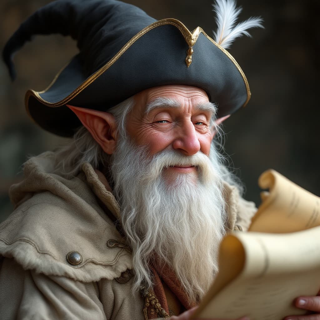 AI generated: happy musical elven bard, elderly, white hair and beard, medieval cap with a feather, holding a scro...