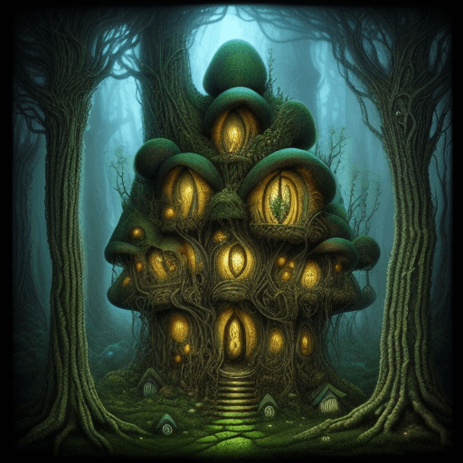 AI generated: Magic mushroom forest houses in the style of H.R. Giger and alex grey