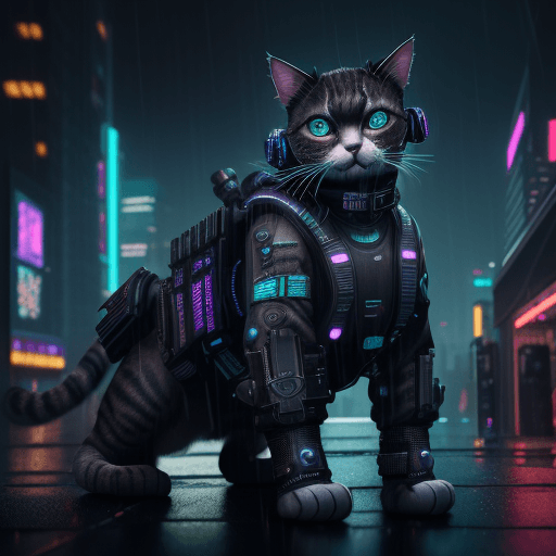 AI generated: Hyper realistic photo of a strong cat with cyberpunk gear, cyberpunk cityscape, night, rain, indirec...