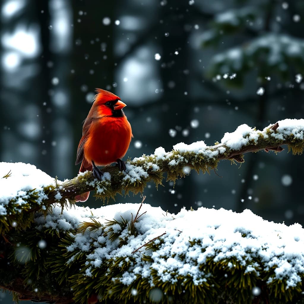 AI generated: A realistic, wide angle photo of a vibrant, bright red cardinal perched on a branch, everything arou...