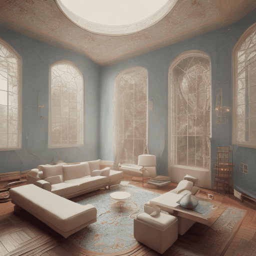 AI generated: High resolution photography interior design, dreamy sunken living room conversation pit, wooden floo...