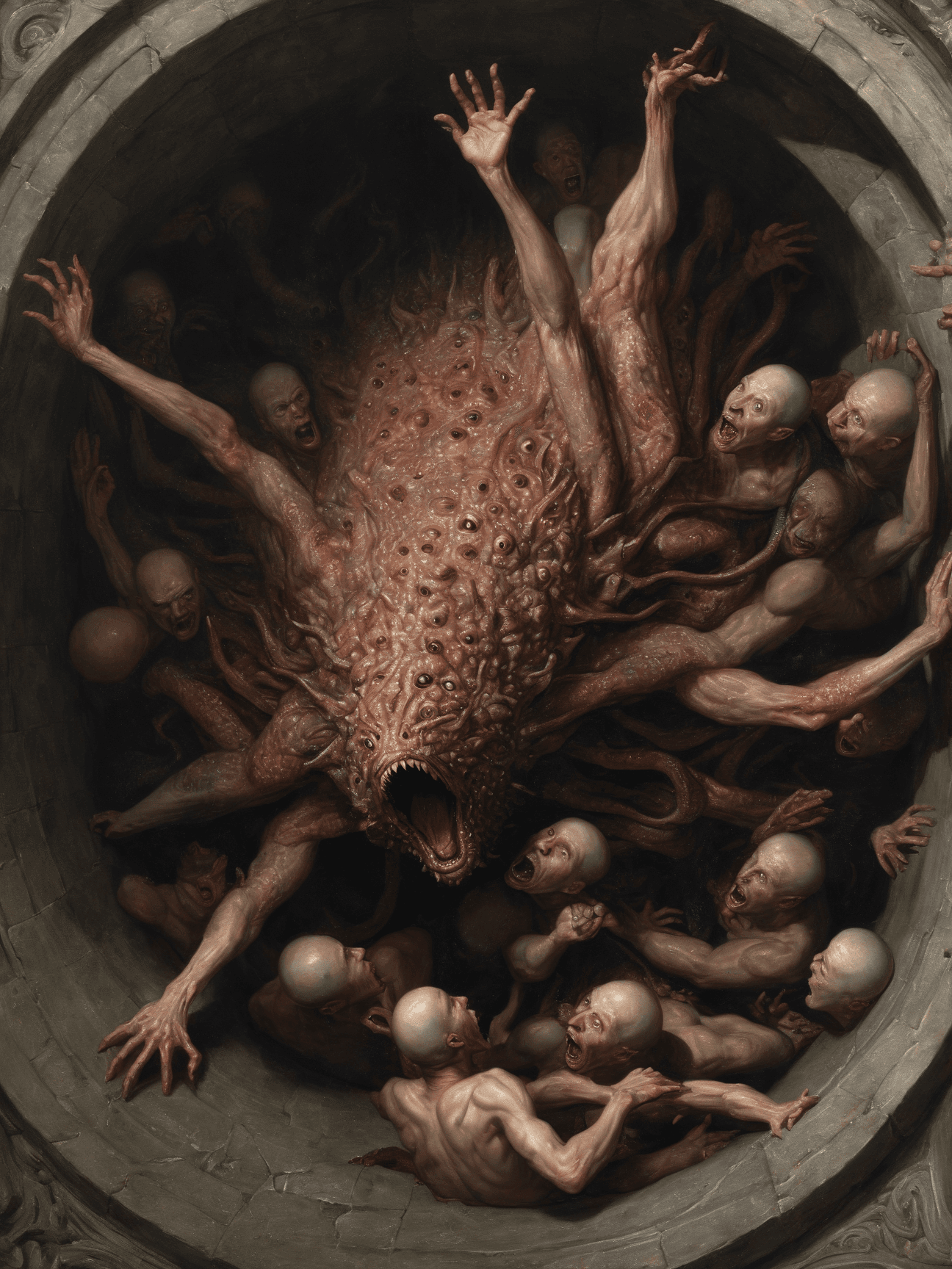 AI generated: concept art a classical baroque painting, dark fantasy, ancient era, a man emerging from an eldritch...