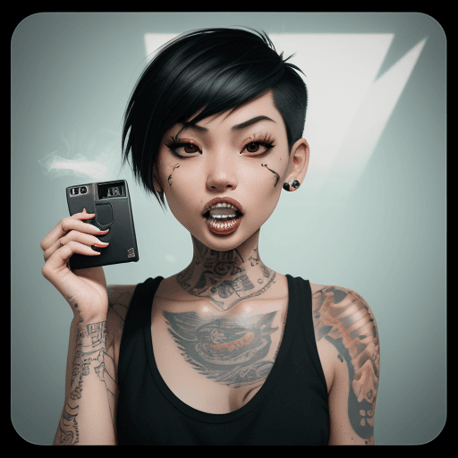 AI generated: two person Asian girl+tatto,cigarette, Fryss and  Etes name, fish eye angle from  lower, grillz teet...