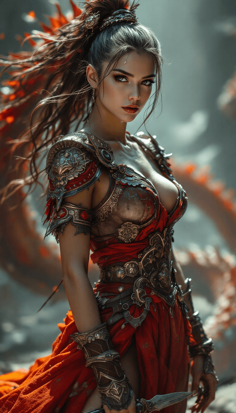 AI generated: Stunning Young Female Warrior Guarding an Empire with Dragons Super Stunning Looks --ar 1:2 --style ...