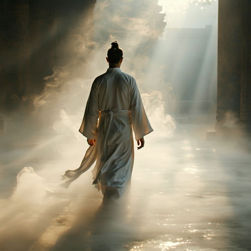 AI generated: A fine art, hyper-realistic, cinematic image of a man wearing a white long cotton robe with a sash, ...