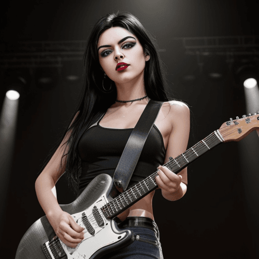 AI generated: A female rockstar with jet black hair down on her shoulders with her legs slightly apart and she's s...