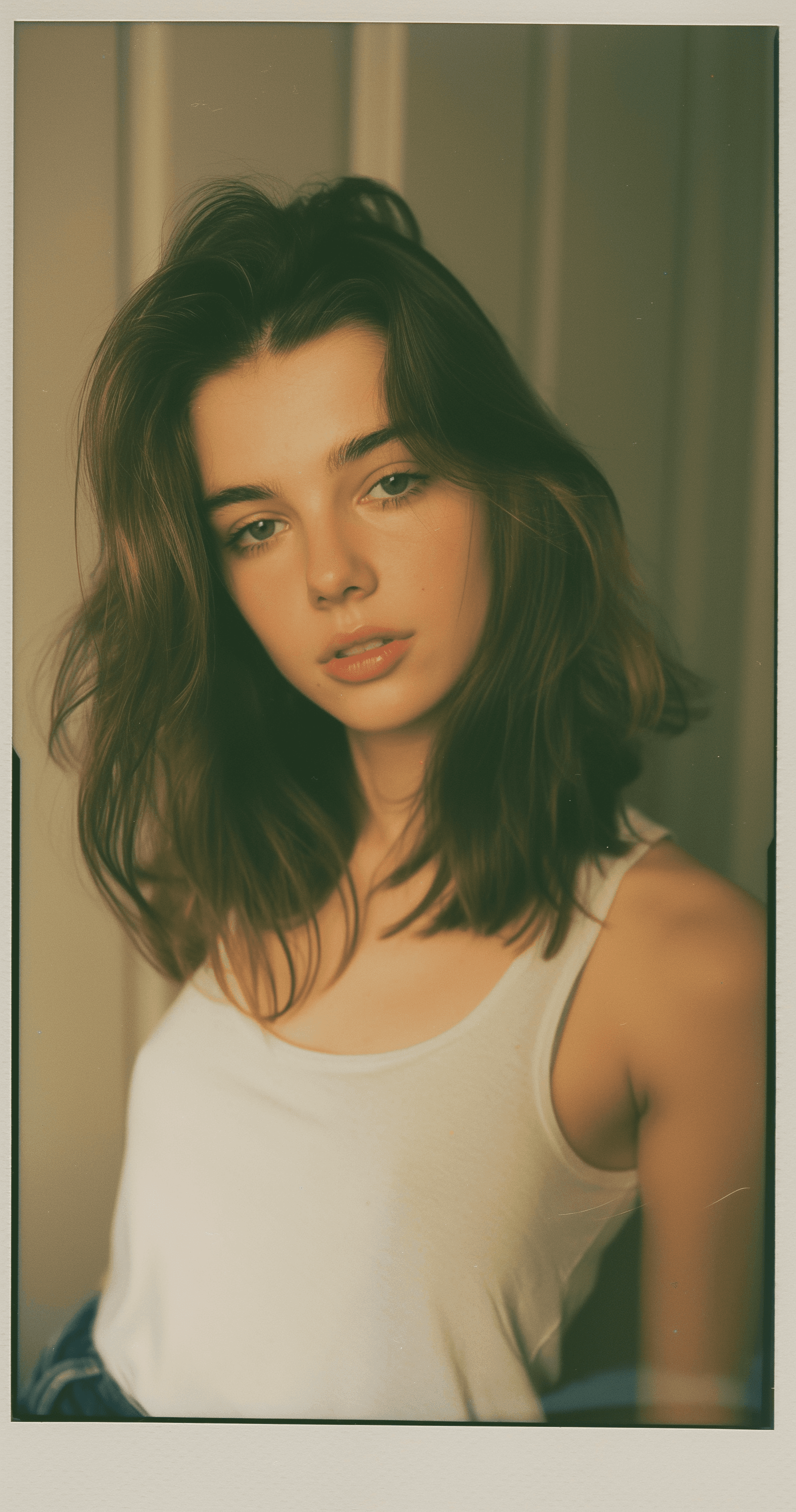 AI generated: Candid photo of an attractive brown haired woman, 25-30 years old, in 90s style, taken on Polaroid -...