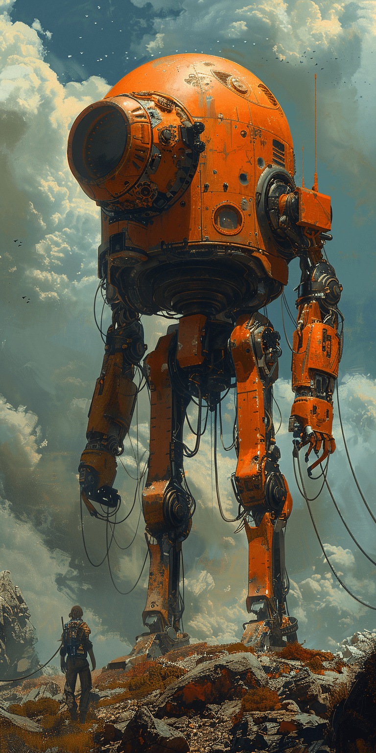 AI generated: A giant mech with a large round head, concept art in the style of Peter Mohrbacher and Craig Mullins...