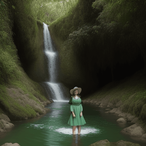 AI generated: Ligia Margot en un campo verde rodeada de montañas cascadas rios y mucha naturaleza
