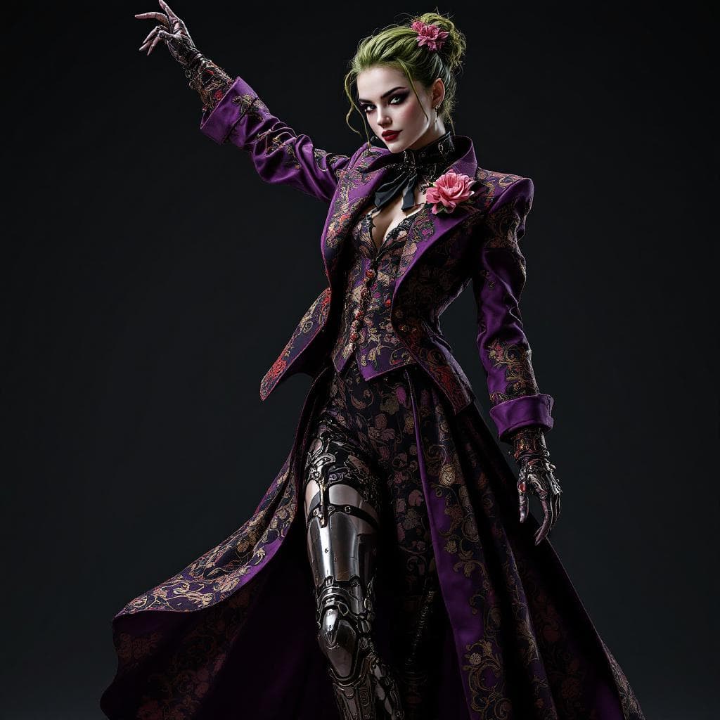 AI generated: female character, young adult, caucasian, Joker style, playful and confident pose, standing with one...