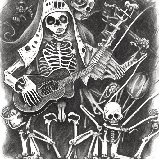 AI generated: horror DANCING KATRINA WITH MARIACHI SKELETON GUITAR BAND UNDEAD KITTENS CATS CEMETERY DARK HORROR T...