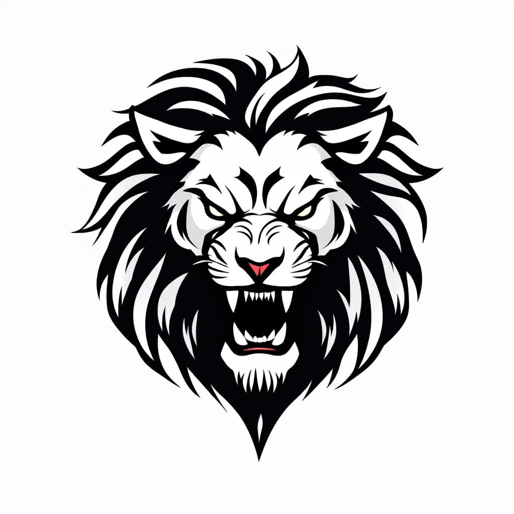 AI generated: A very simple yet aggressive and dynamic roaring lion head in vector style. The lion's face is styli...