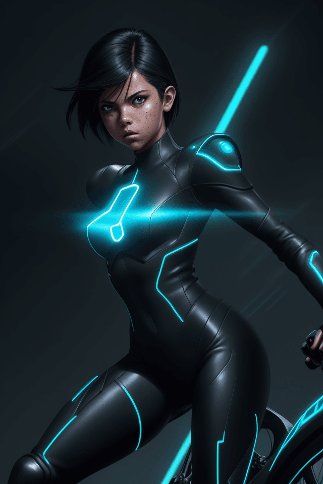 AI generated: action pose, A female android, ((Isabela Moner Merced)), in sleek and shiny armor, with illuminating...