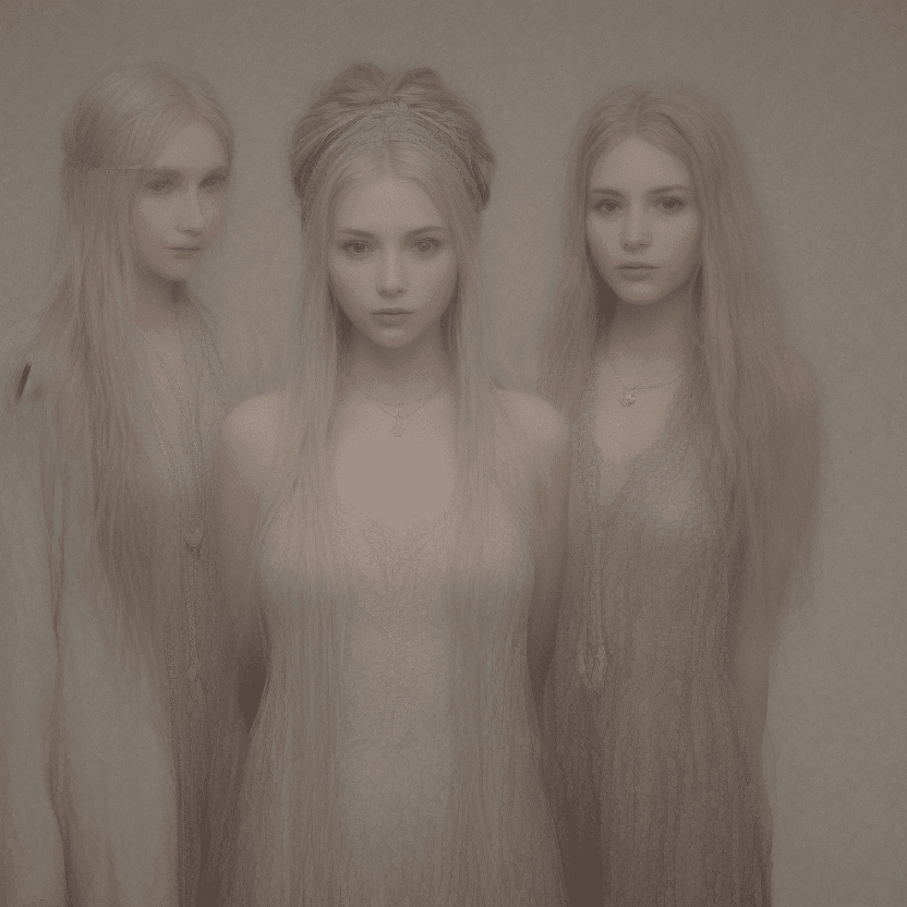 AI generated: three women standing together in a triangular formation, The woman on the left wears a silver headba...