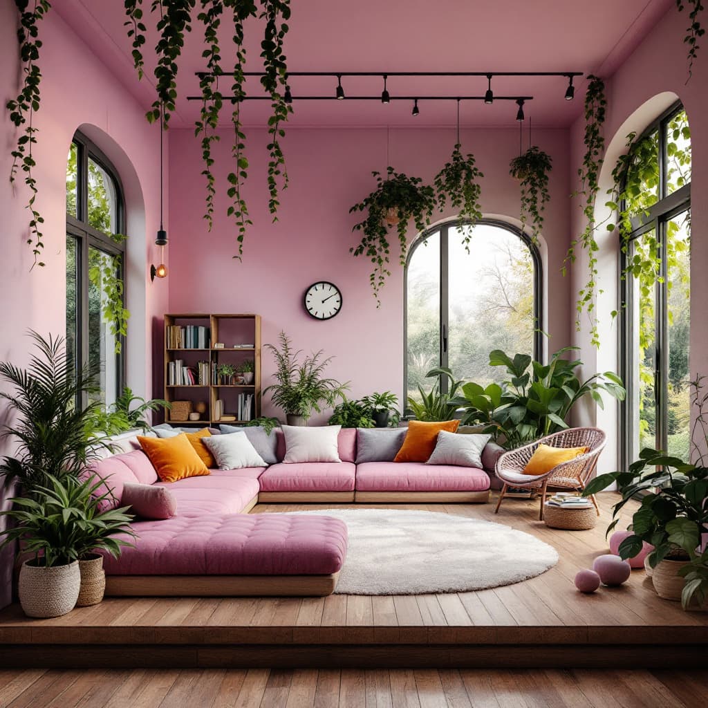 AI generated: High resolution photography interior design, dreamy sunken living room conversation pit, wooden floo...