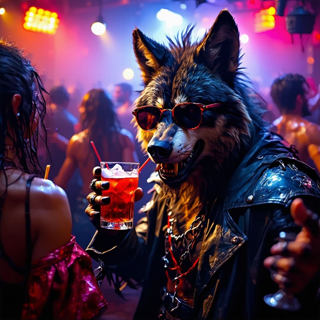 AI generated: Werewolf with shades, drinking shots, dancing in a wild party surrounded by other horror fantasy cre...