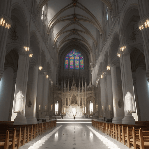 AI generated: Interior de una antigua catedral, con una gran vidriera al fondo, rayos de luz entrando por la vidri...