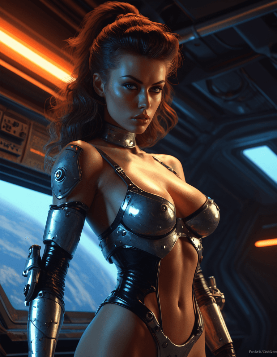 AI generated: Sexy and provocative woman, a space warrior in the style of Greg Rutkowski with an hyper-realistic f...