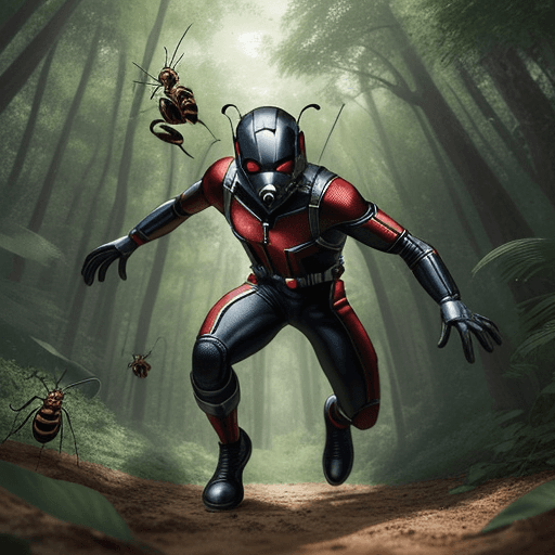 AI generated: Ant-man hero Playin basktball in the middle of many ants and wasps in a forest running away, Marlvel...